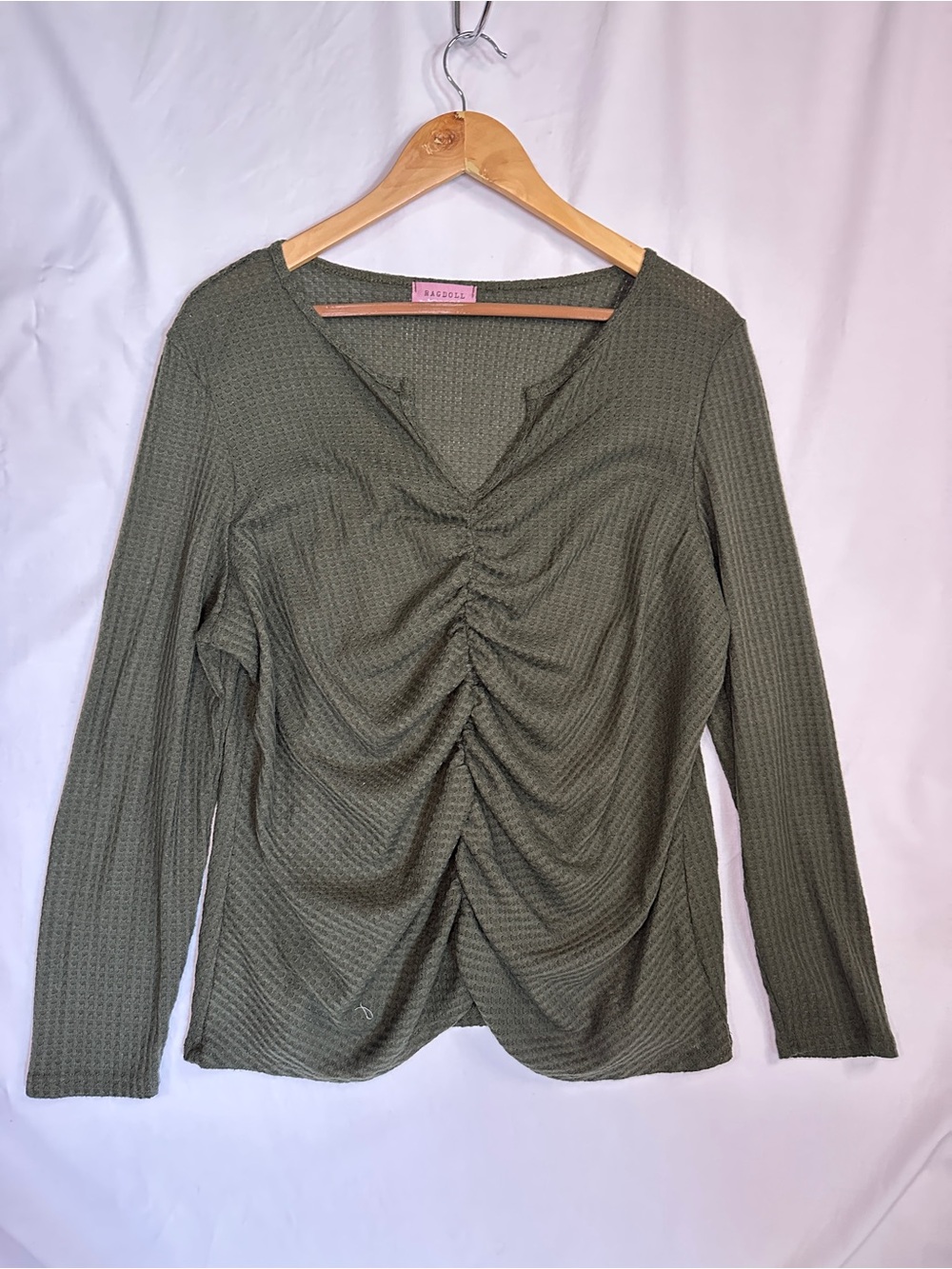 Ragdoll Olive Green Ruched Waffle-Knit Long Sleeve Top